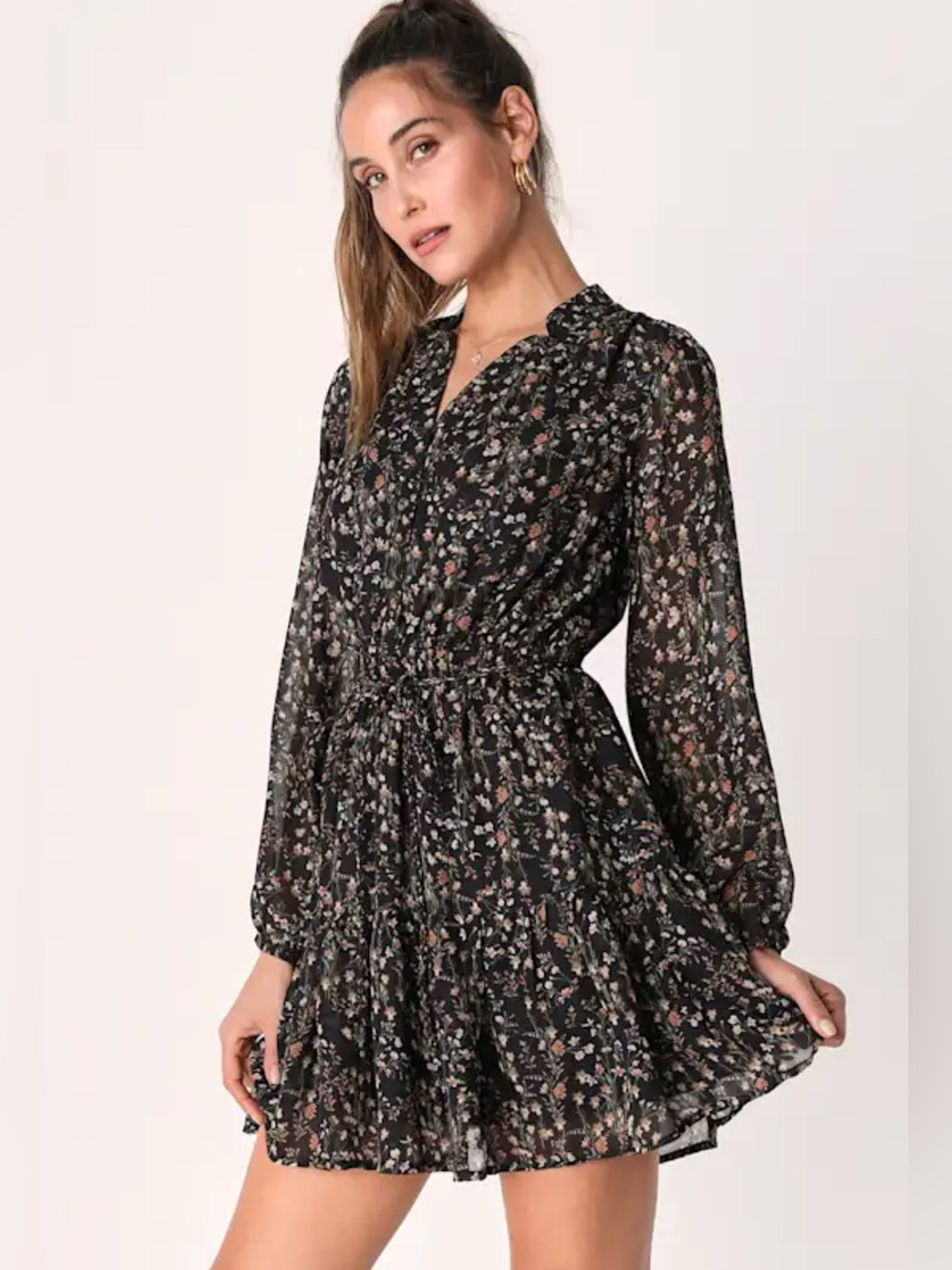 Lulu's Autumn Joy Black Floral Long-Sleeve Button-Up Mini Dress